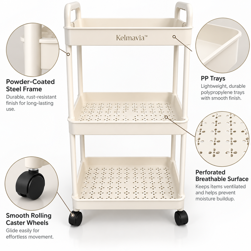 Kelmavia™ Ivory Three-Tier Rolling Cart