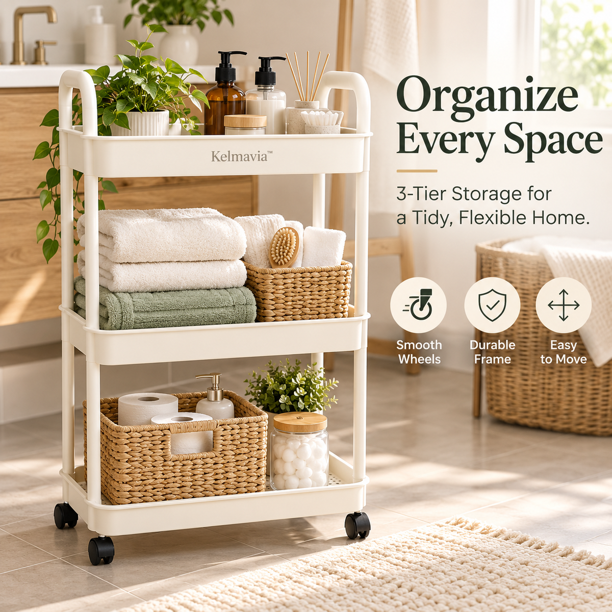 Kelmavia™ Ivory Three-Tier Rolling Cart
